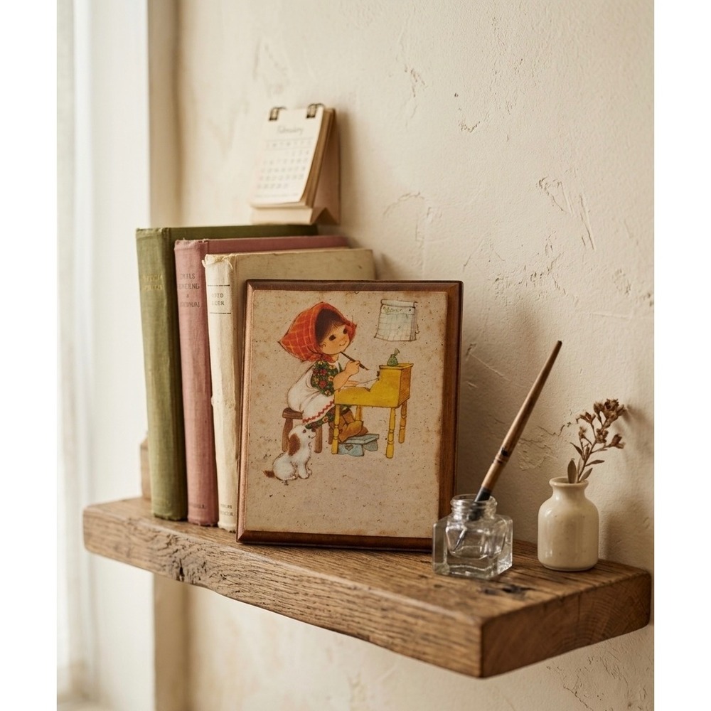 Vintage 1970s Wood Plaque Girl at Writing Desk with Dog Wall Decor
